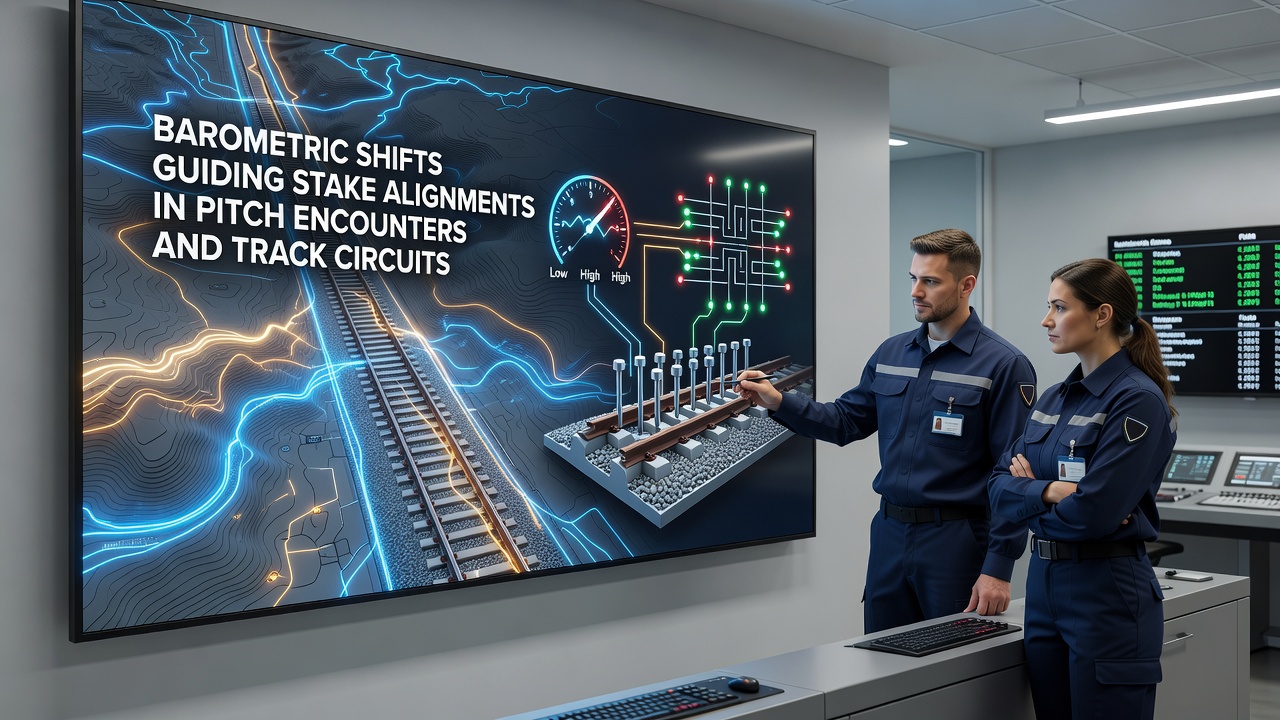 Technicians adjusting track circuit markers while monitoring live barometric data displays