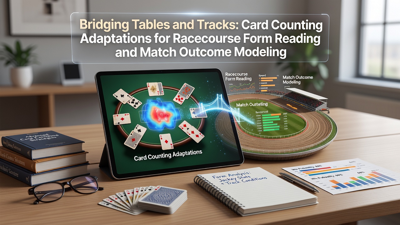 Illustration showing card counting charts overlaid on horse racing form guides and sports statistics dashboards