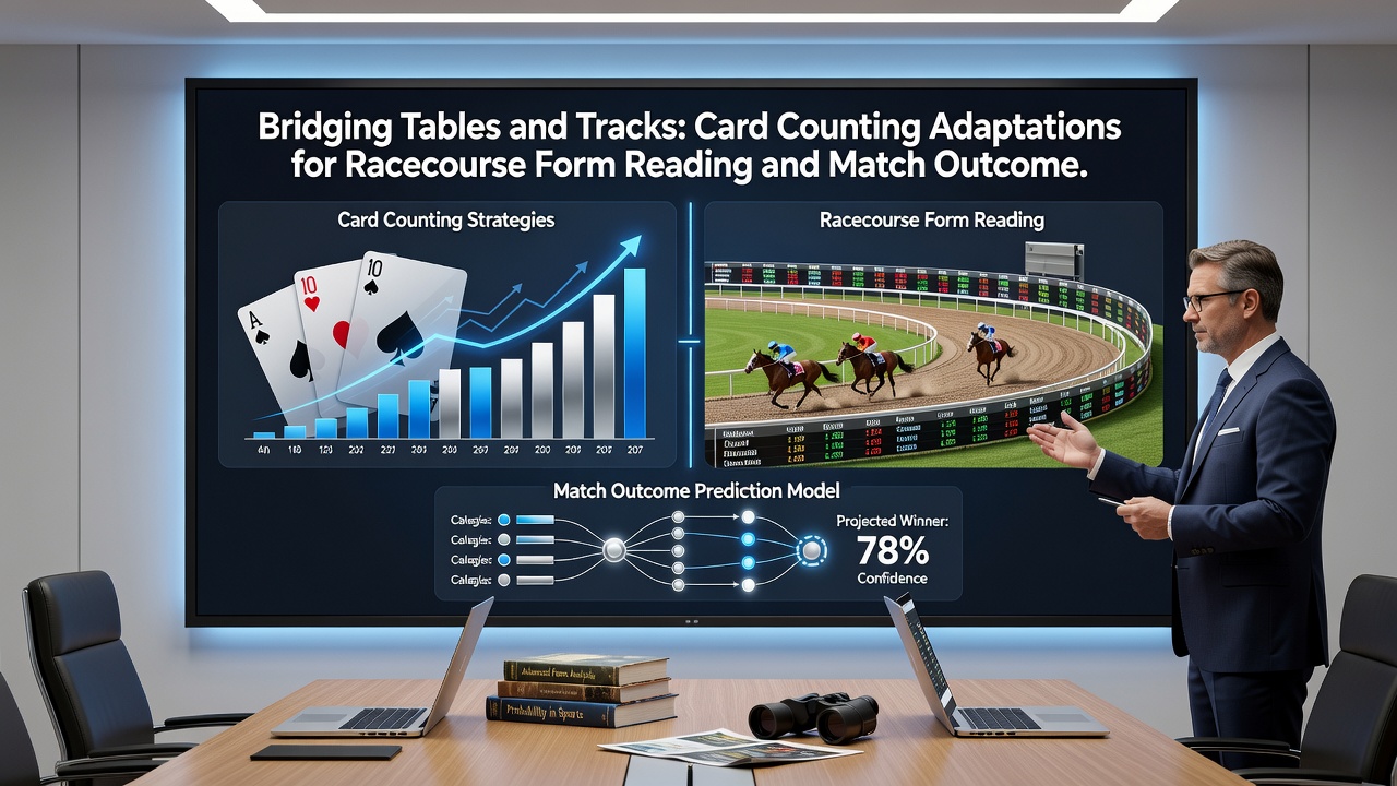 Data visualization comparing blackjack running count graphs with horse form cycles and football match statistics over time