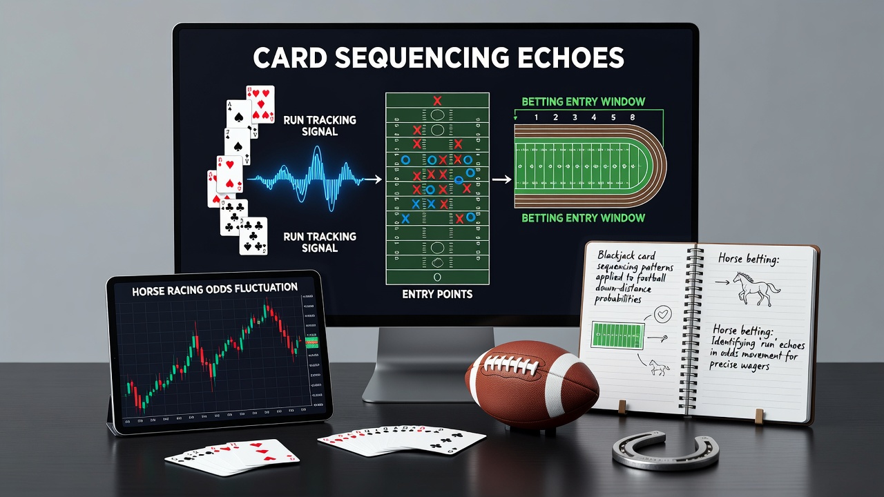 Data charts showing card count sequences next to football match timelines and horse race finishing splits