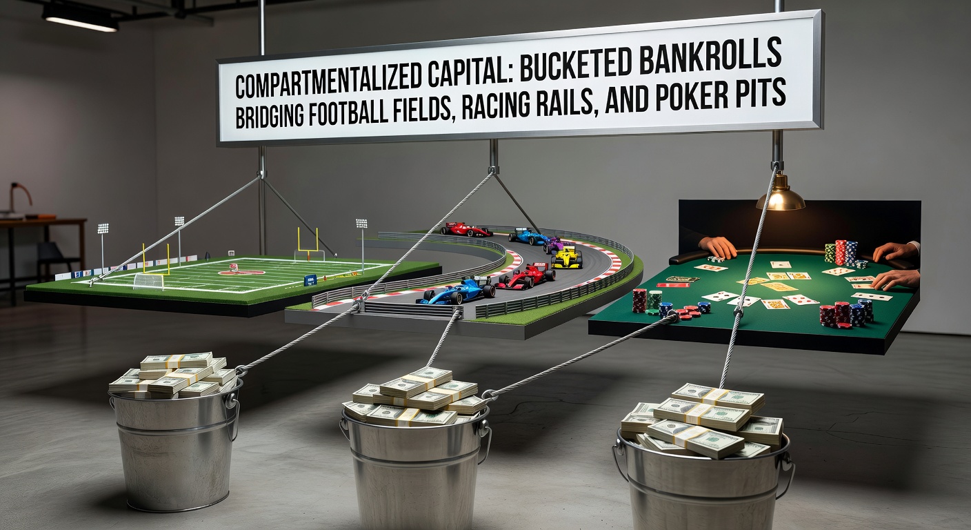 A split-view illustration showing a soccer pitch, horse racing track, and poker table, each with distinct money stacks representing bucketed bankrolls