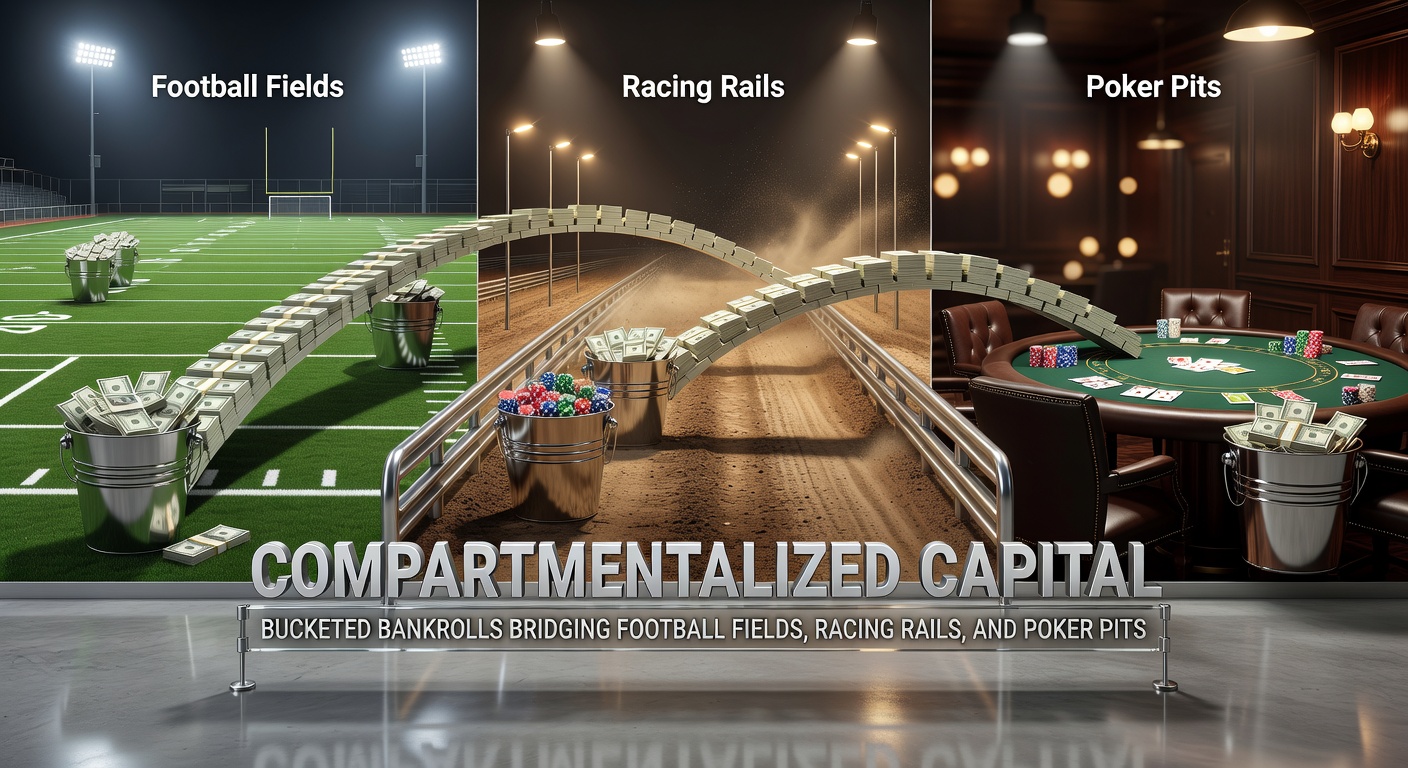 Dynamic graphic of horse racing tracks with overlaid bankroll buckets flowing between soccer balls, poker chips, and racing rails