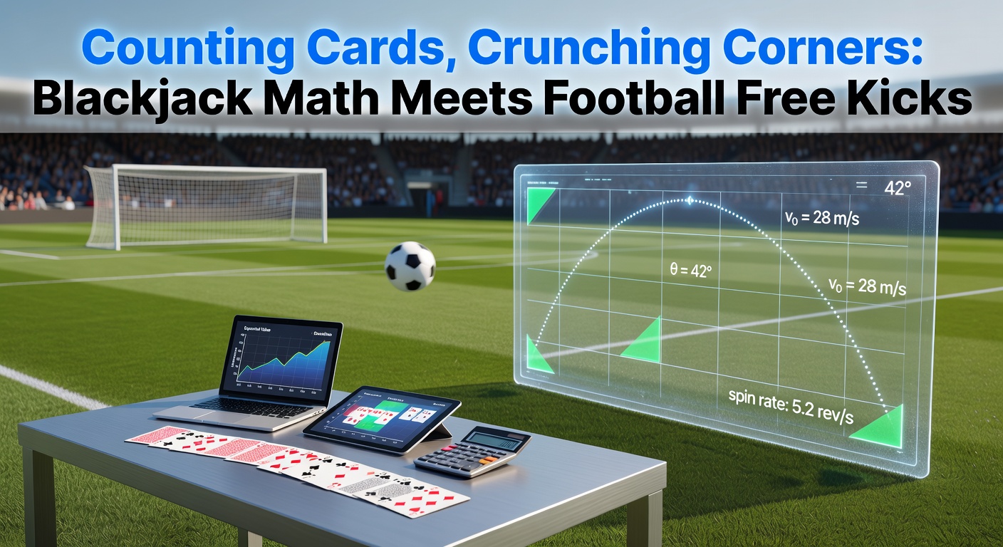 A blackjack table with cards fanned out alongside a football player preparing a curving free kick, illustrating mathematical overlaps between casino strategy and soccer precision