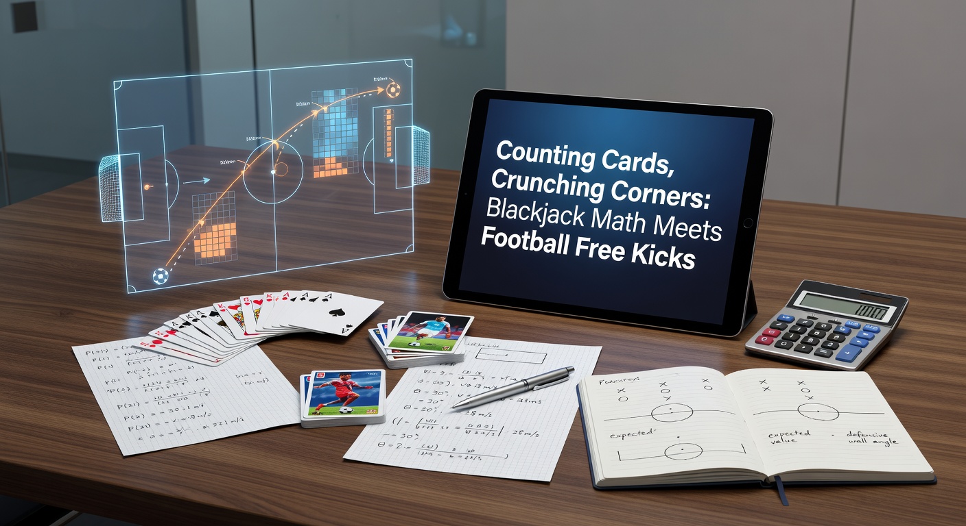Digital visualization of a free-kick trajectory overlaid with probability heatmaps and blackjack card count charts, showing crossover analytics in action