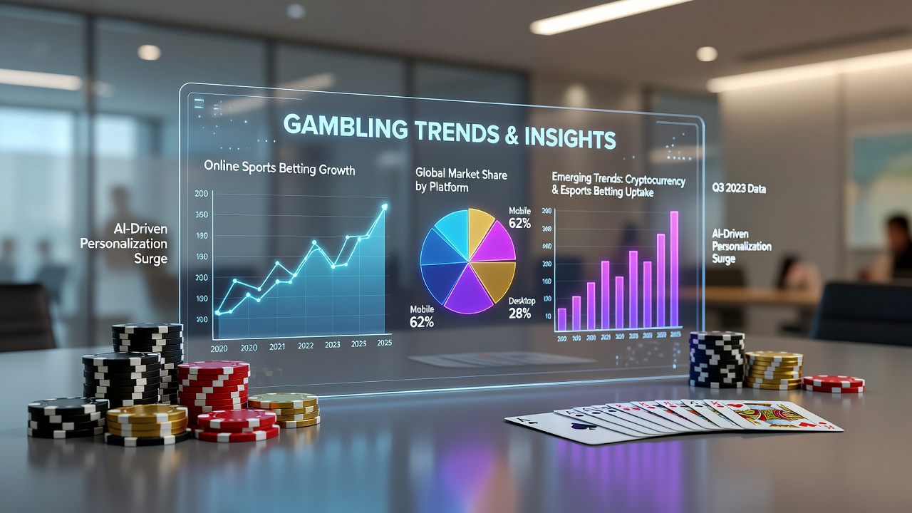 Overview of global gambling market trends with charts and digital interfaces
