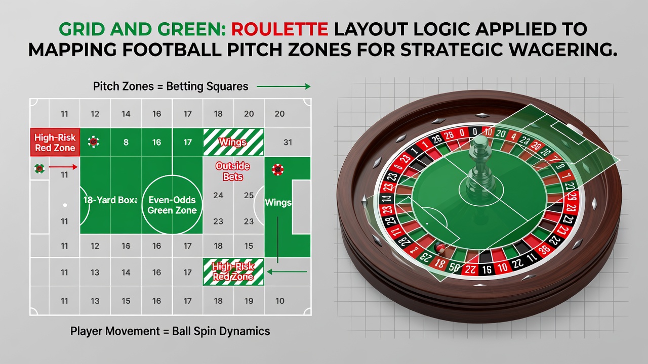 Football pitch divided into a 3x4 grid with color-coded zones matching roulette layout principles