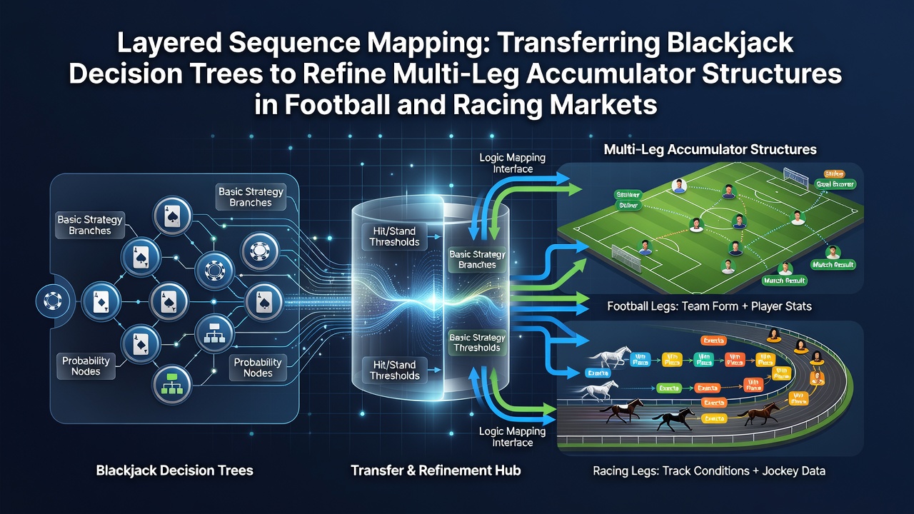 Diagram showing blackjack decision tree branches mapped onto layered accumulator sequences in sports betting markets