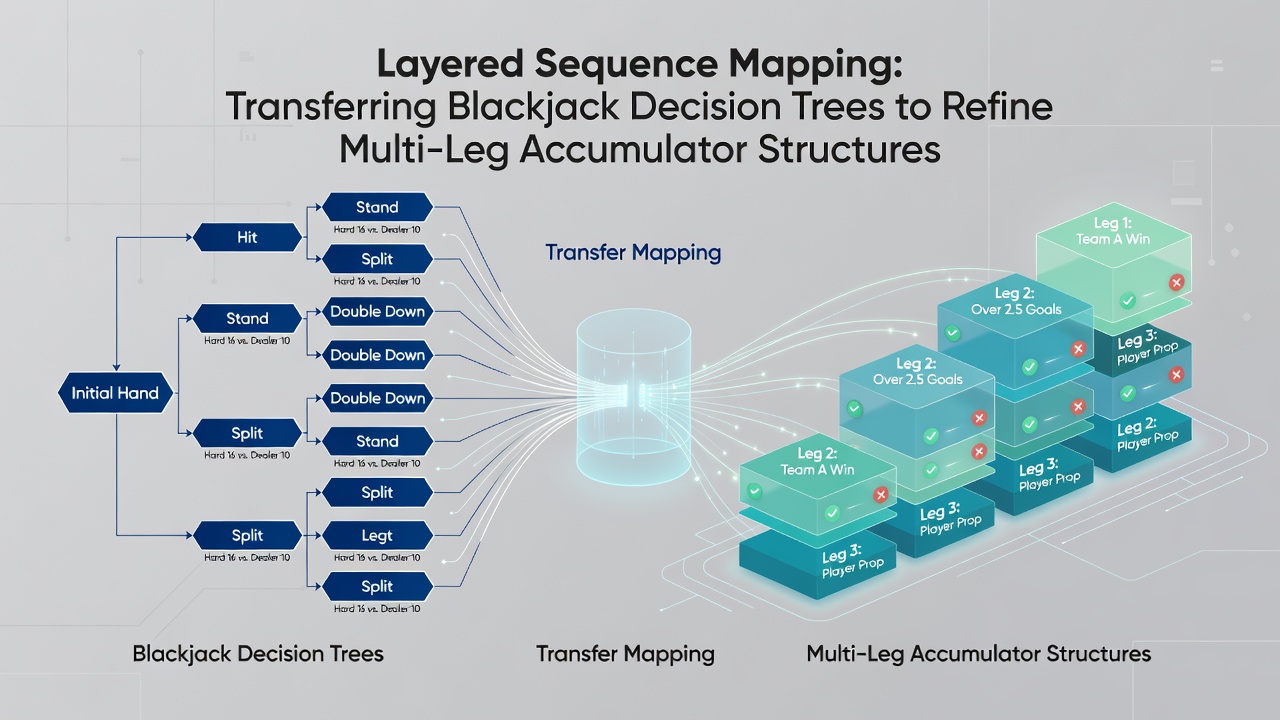 Flowchart illustrating layered accumulator sequences for football matches and horse racing events with probability branching