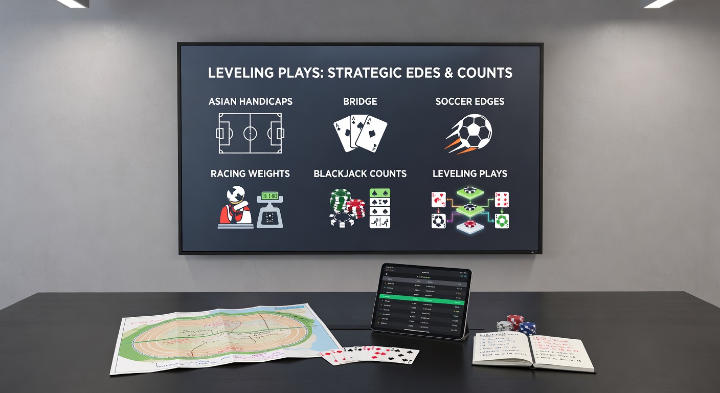 Infographic showing interconnected betting concepts: soccer Asian lines flowing into horse weight charts and blackjack count progressions