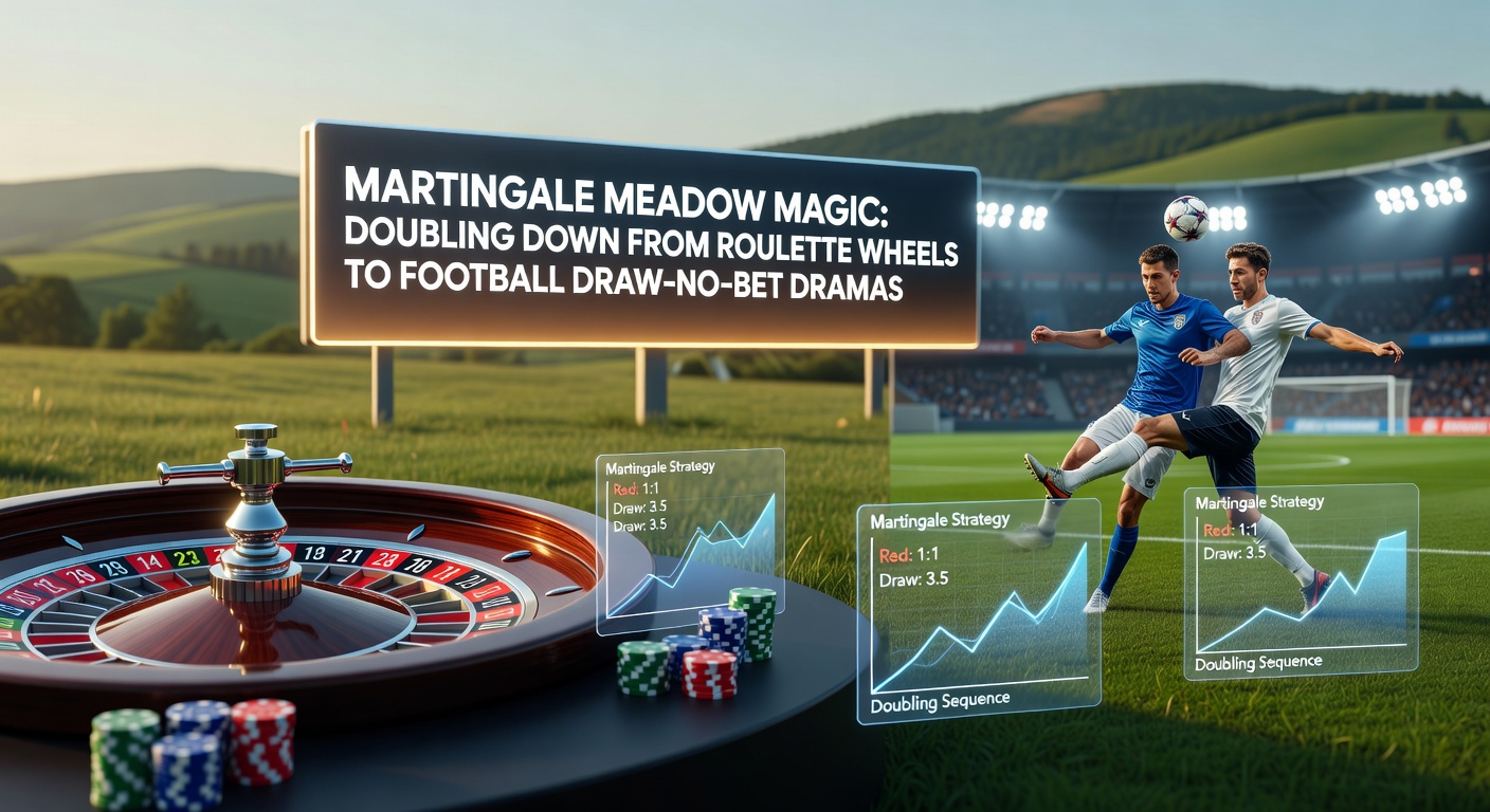 Football pitch diagram overlaid with betting odds charts and Martingale progression graphs, illustrating draw-no-bet adaptations
