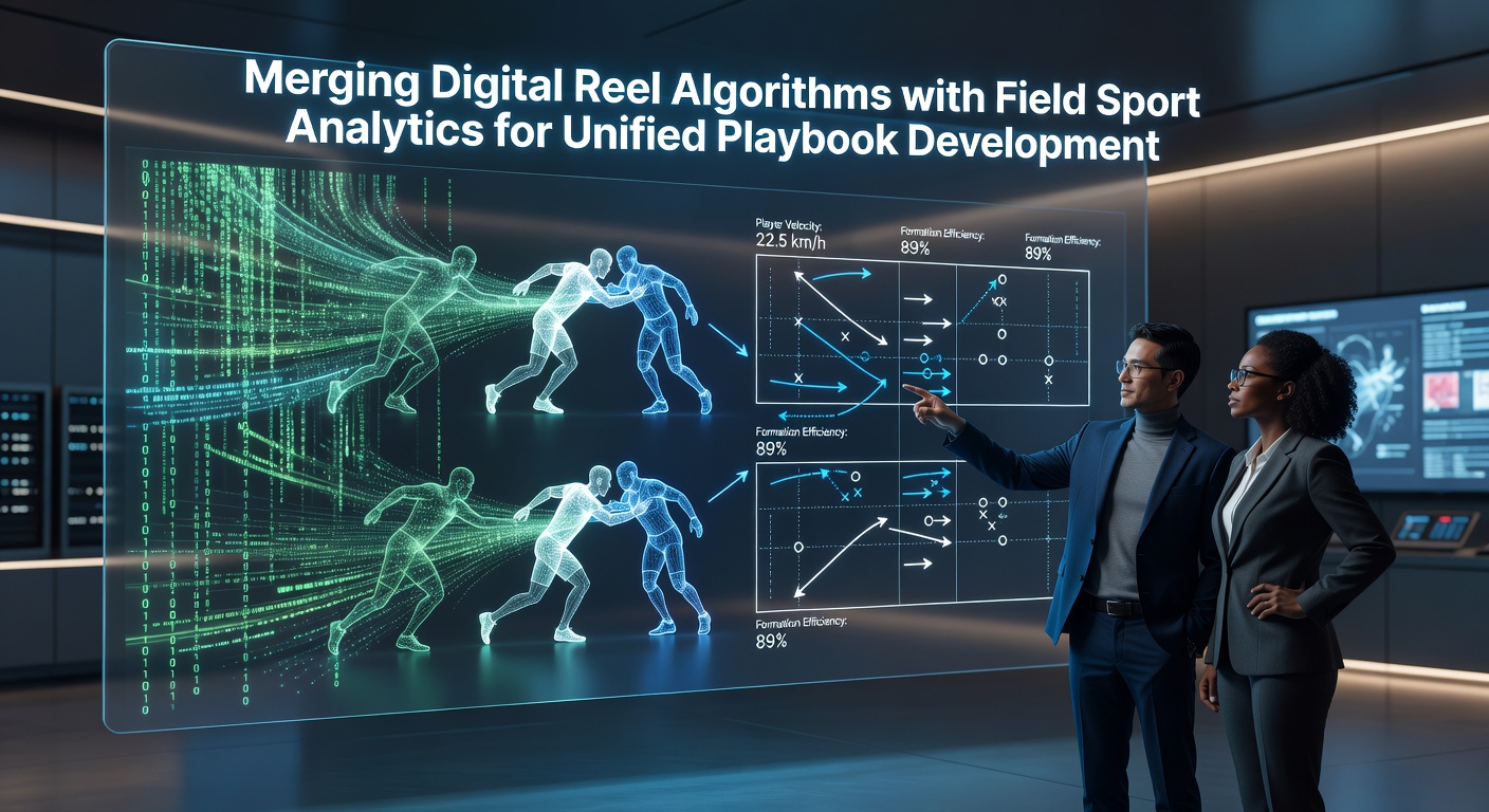 Digital interface displaying reel algorithm patterns overlaid on a sports field analytics dashboard