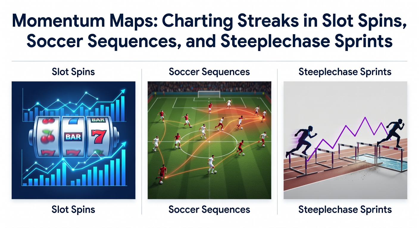 Visual representation of a momentum map tracking winning streaks across slot machine spins, soccer match sequences, and steeplechase race sprints