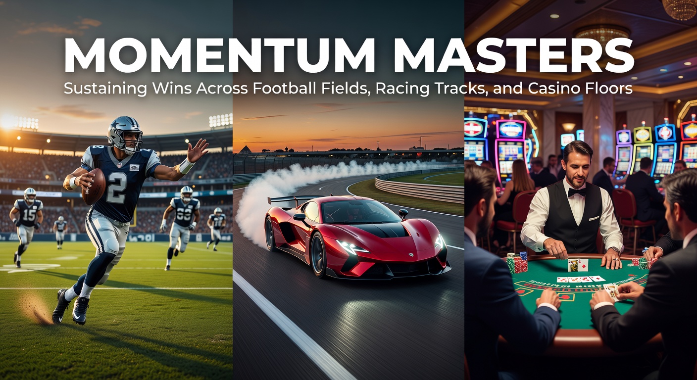 A dynamic split-image showing a soccer player celebrating a goal, a horse racing ahead on the track, and roulette wheel spinning in a casino, symbolizing sustained momentum across gambling domains