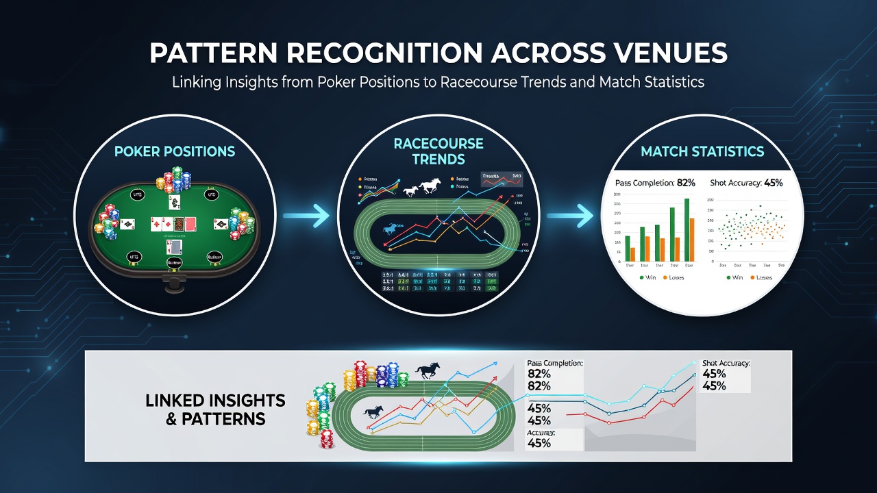 Visual representation of poker table positions overlaid with racecourse layout and sports pitch statistics