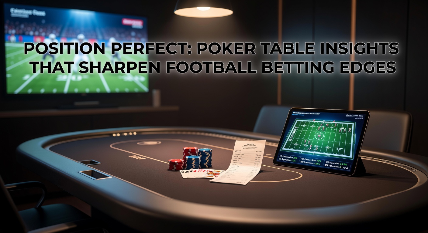 Poker players at a table highlighting positional advantages, mirrored by a football pitch with betting odds overlays