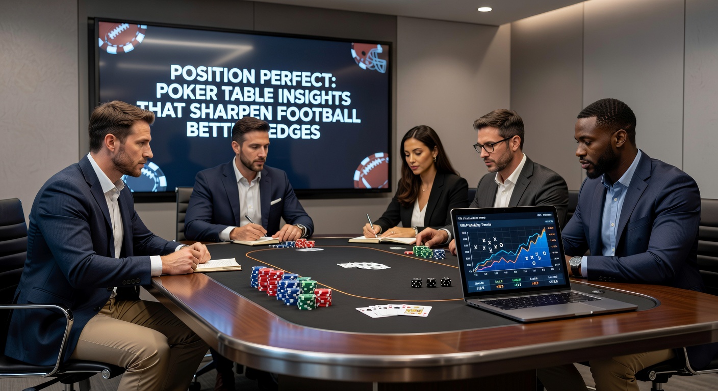 Football stadium crowd with overlaid poker chips and position markers, illustrating betting strategy crossovers