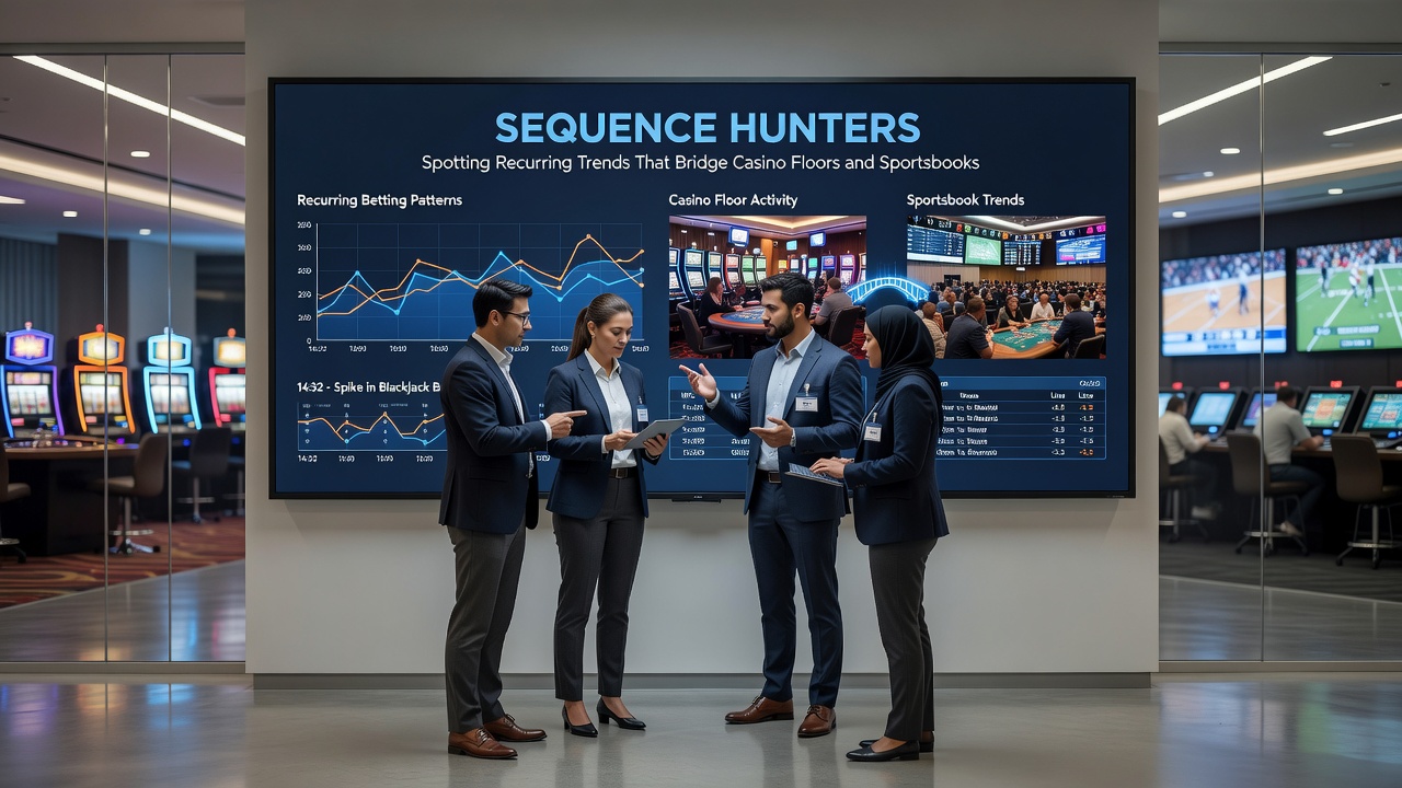 Data visualization screens displaying overlapping casino and sports betting sequences