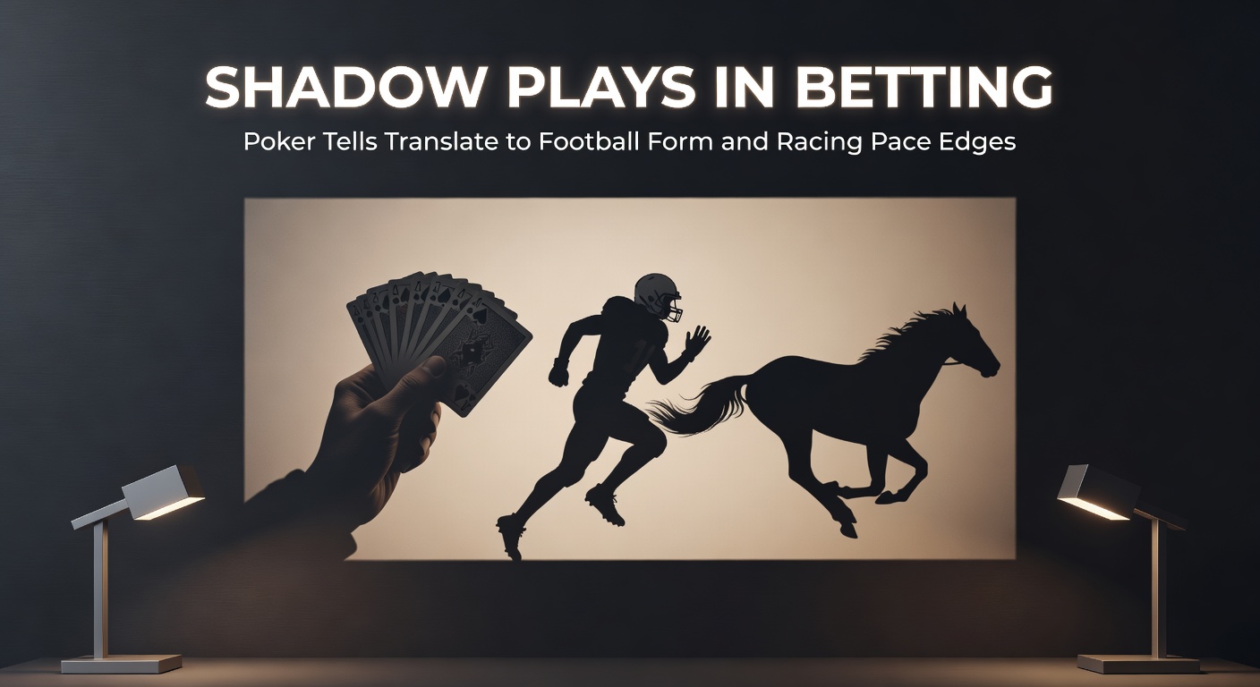 A poker player at a dimly lit table subtly observing opponents while a soccer match and horse race unfold in split-screen overlay, highlighting cross-game pattern recognition