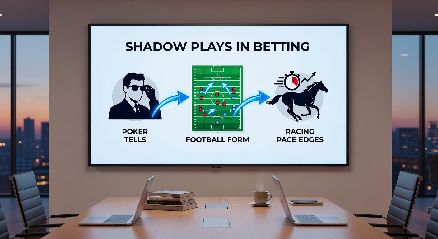 Split view of a tense soccer huddle revealing fatigue cues, a horse surging ahead in early pace, and a poker hand mid-reveal, illustrating interconnected betting signals
