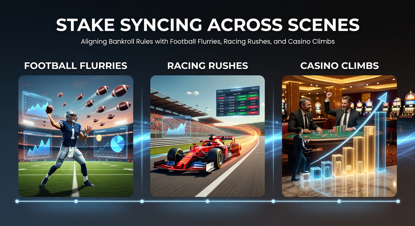 A dynamic split-image showing a soccer stadium crowd during a match flurry, a horse racing track with thundering hooves in a rush, and casino roulette wheel spinning amid climbing chips, symbolizing synchronized bankroll management across gambling scenes