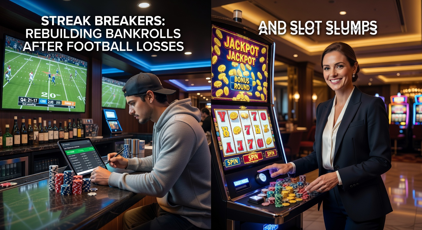 A determined gambler reviewing betting charts on a laptop amid a backdrop of soccer fields and slot reels, symbolizing strategic recovery from losses