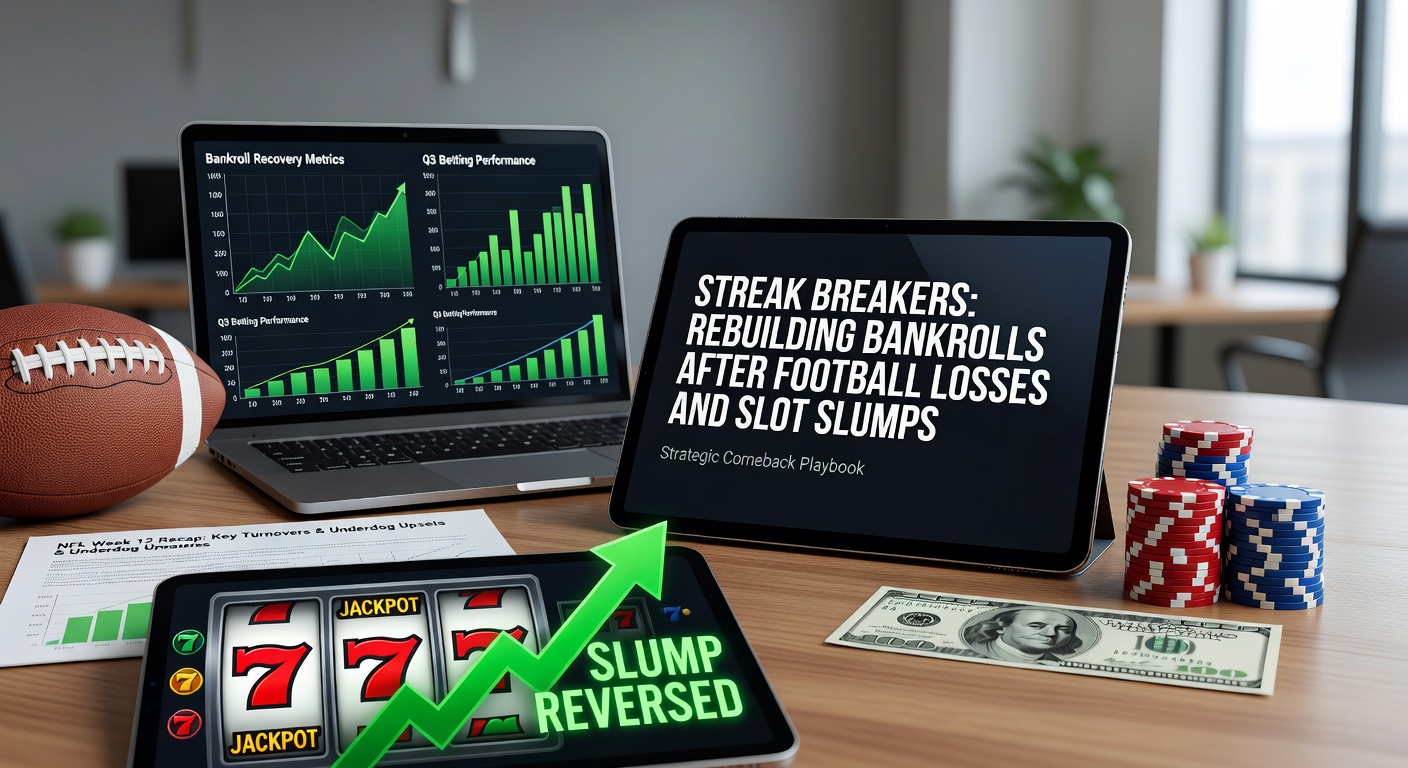 Charts displaying upward-trending bankroll graphs alongside soccer trophies and glowing slot jackpots, illustrating successful recovery paths