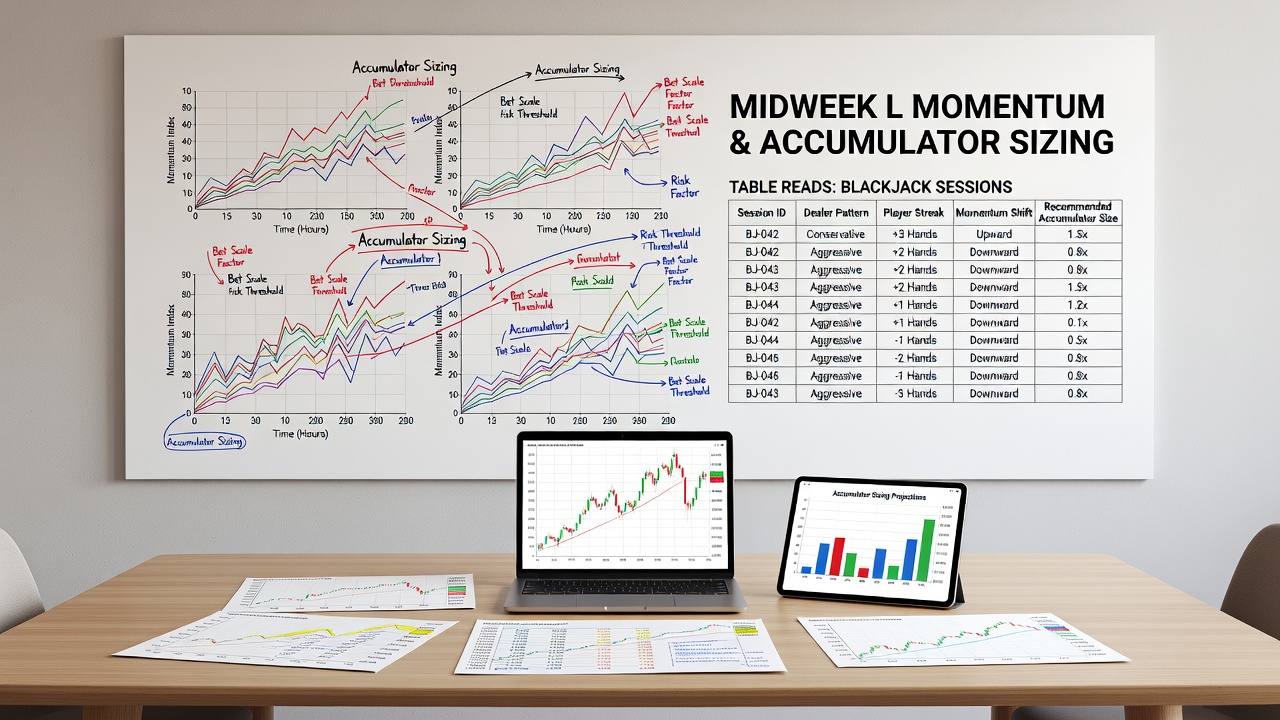 Accumulator bet slip overlaid with racing form guides and blackjack strategy charts