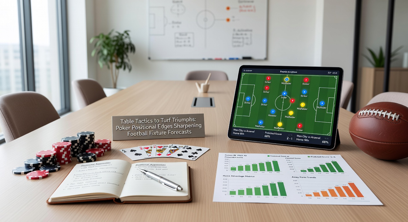 Football match scene with home team pressing high, overlay of poker position chart illustrating decision advantages