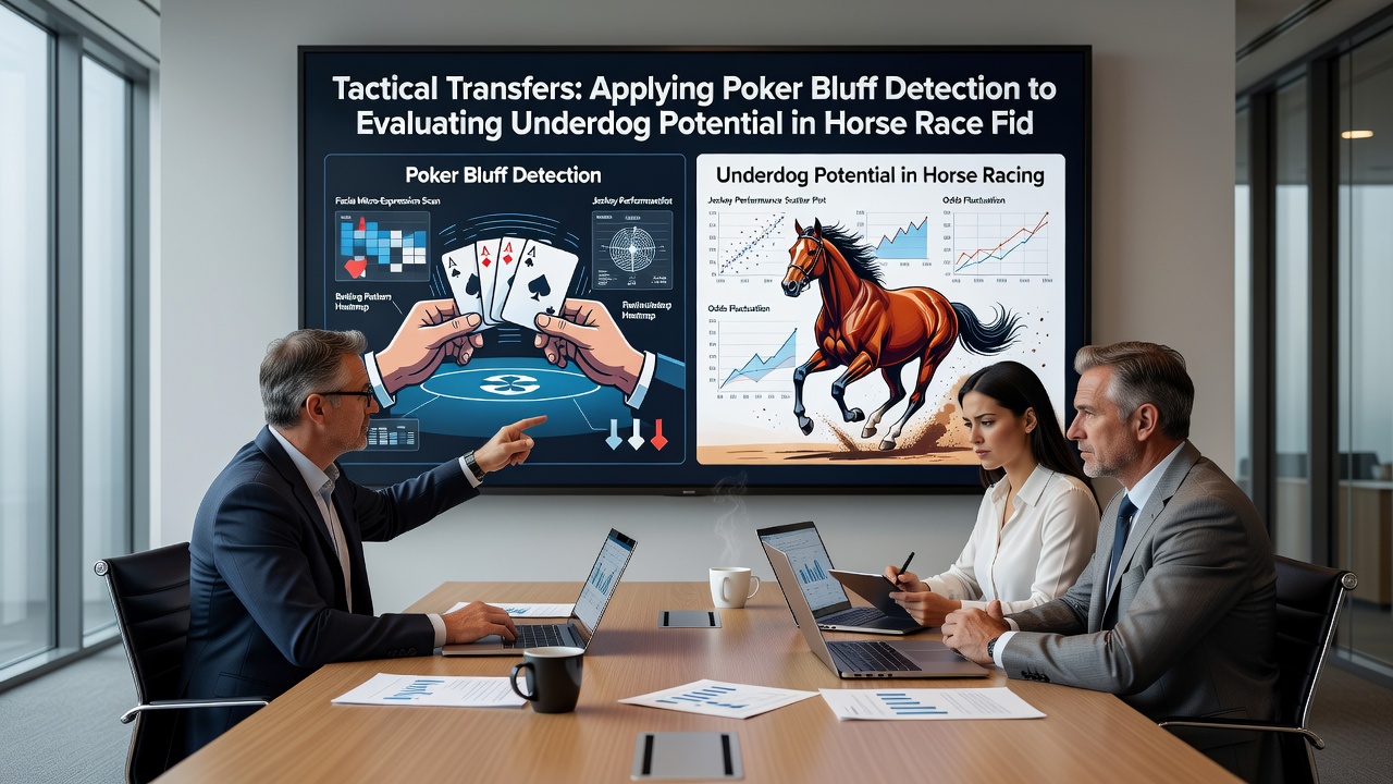Racehorses breaking from the starting gates with analysts reviewing data overlays