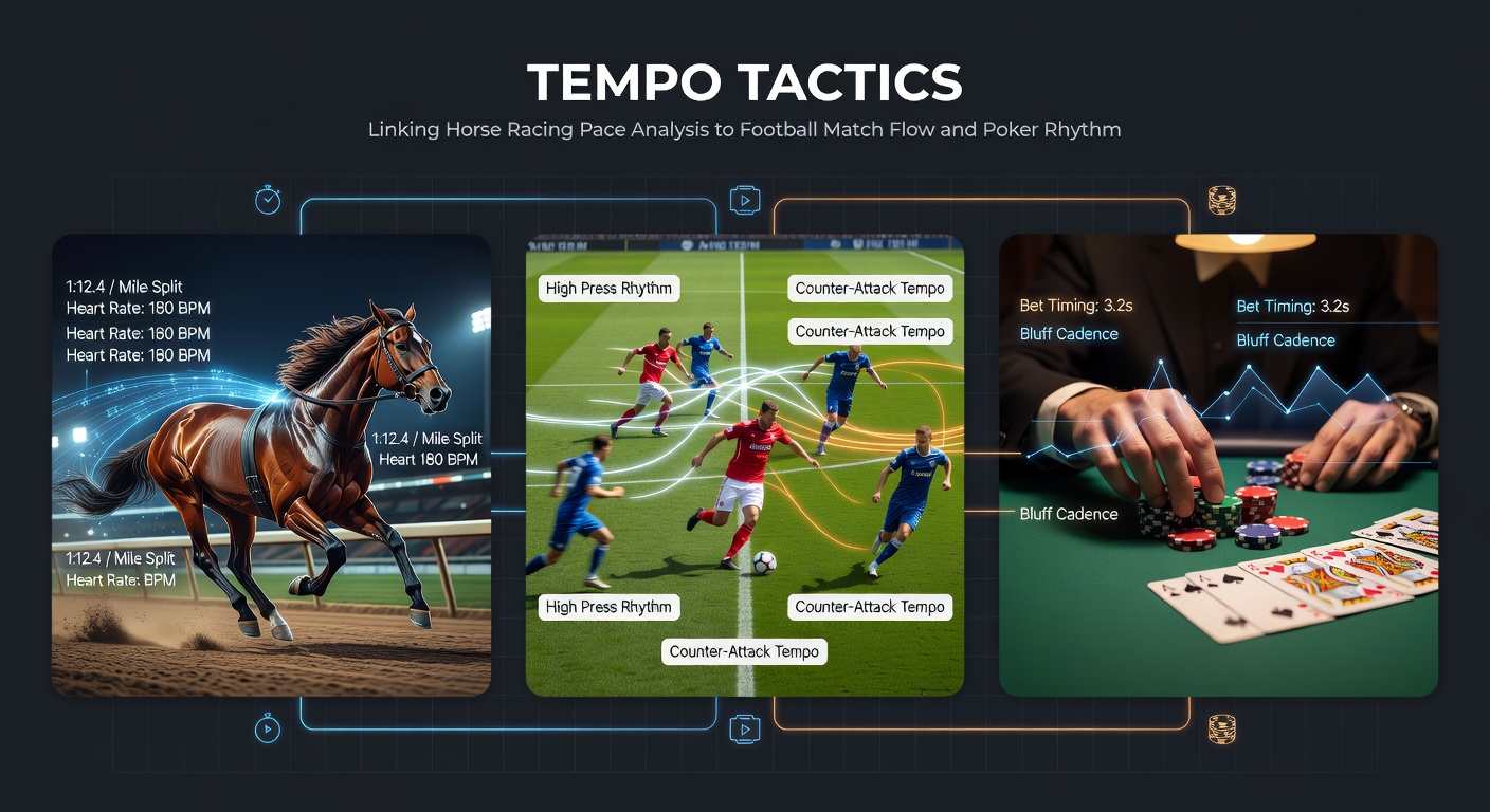 A dynamic split-image showing a horse racing at full gallop, a football player sprinting down the pitch, and poker chips mid-action on a green felt table, illustrating tempo across games