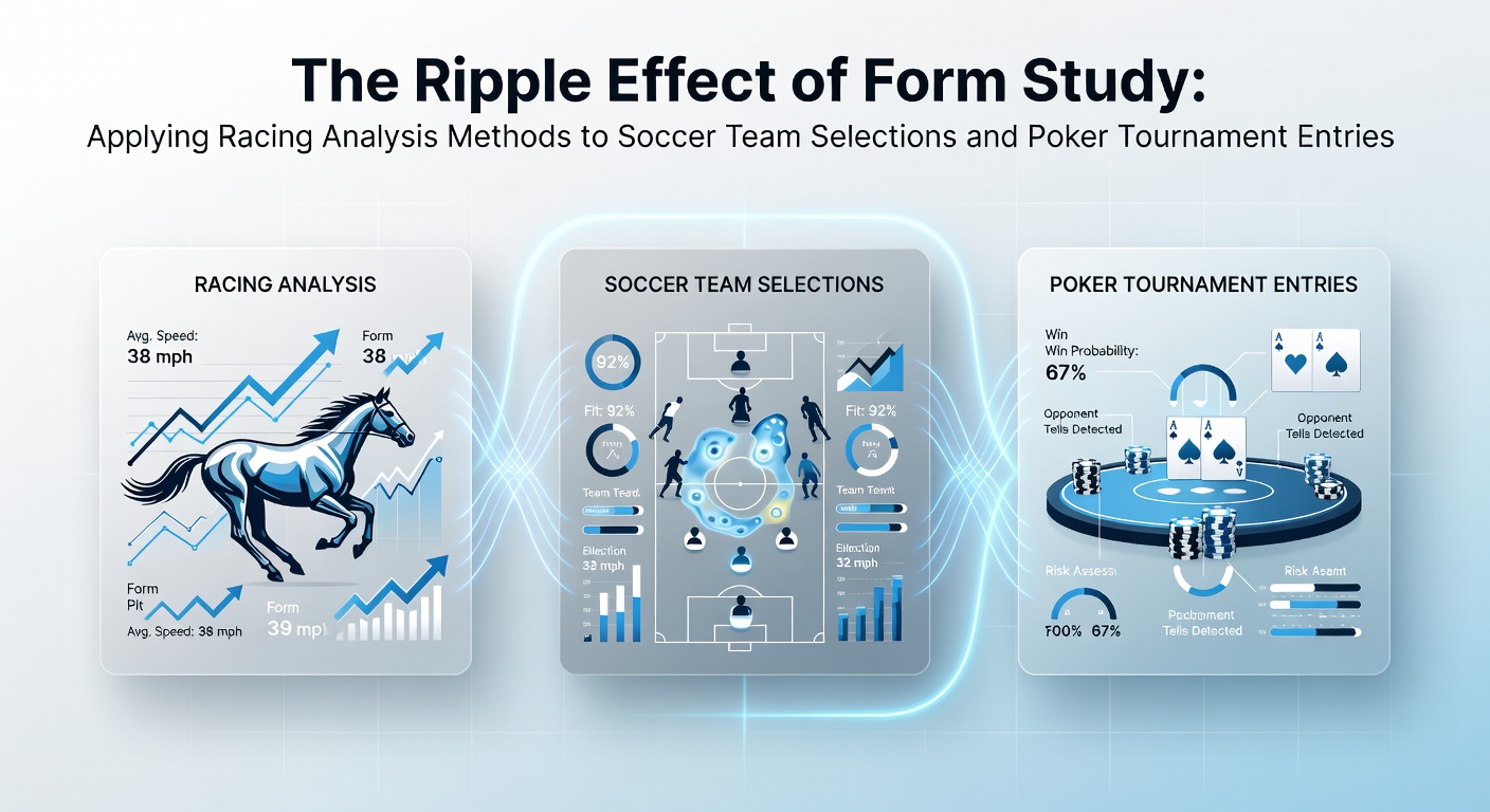 Analysts reviewing historical performance charts from horse racing alongside soccer match data and poker tournament records