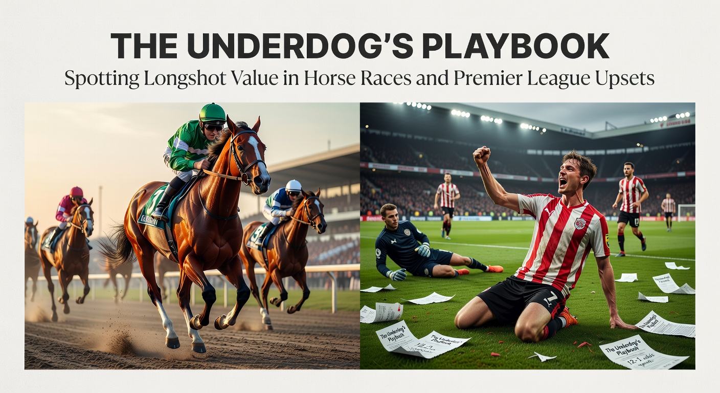 A horse racing underdog charging ahead in a thrilling finish, with a packed grandstand in the background