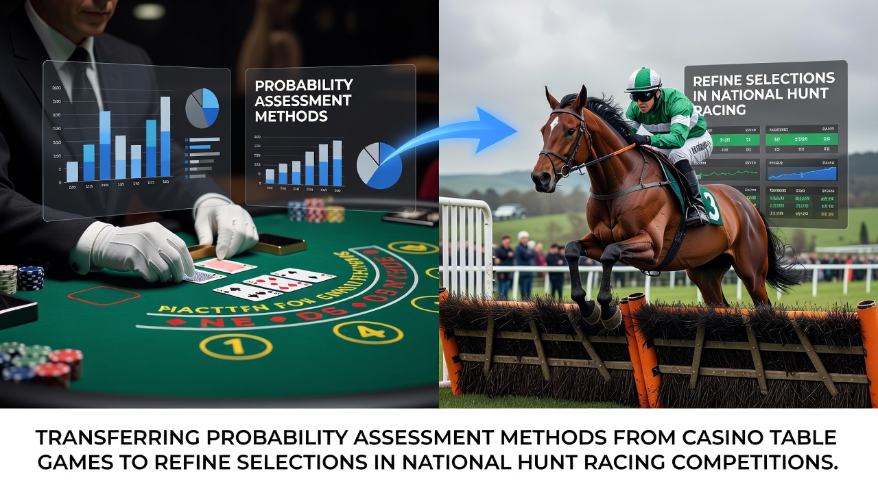 Casino table game setup with cards and chips alongside horse racing data charts