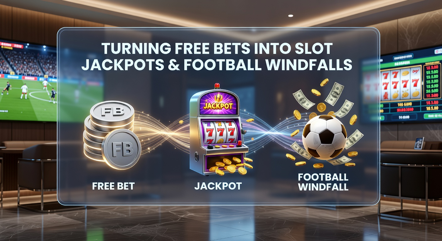 Vibrant slot machine jackpot lights up alongside a football stadium packed with cheering fans, symbolizing the thrill of turning free bets into big wins