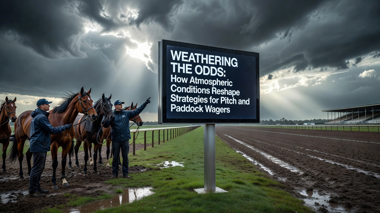 Atmospheric data charts overlaid on a soccer pitch and horse racing track showing weather impacts on betting odds