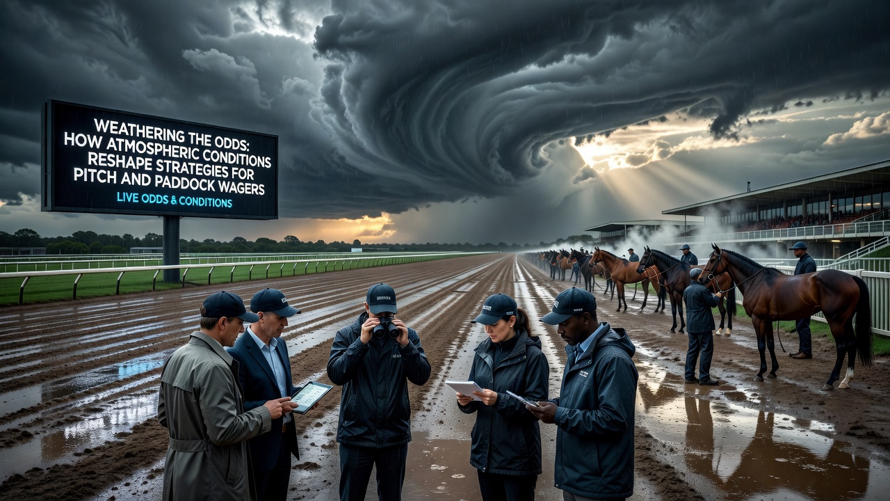 Horse racing paddock scene with overlaid wind and precipitation data affecting track conditions and wager strategies