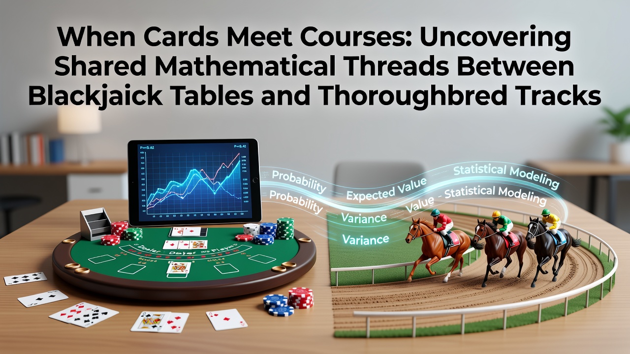 Blackjack table layout beside a thoroughbred racetrack infographic showing overlapping probability models and odds calculations